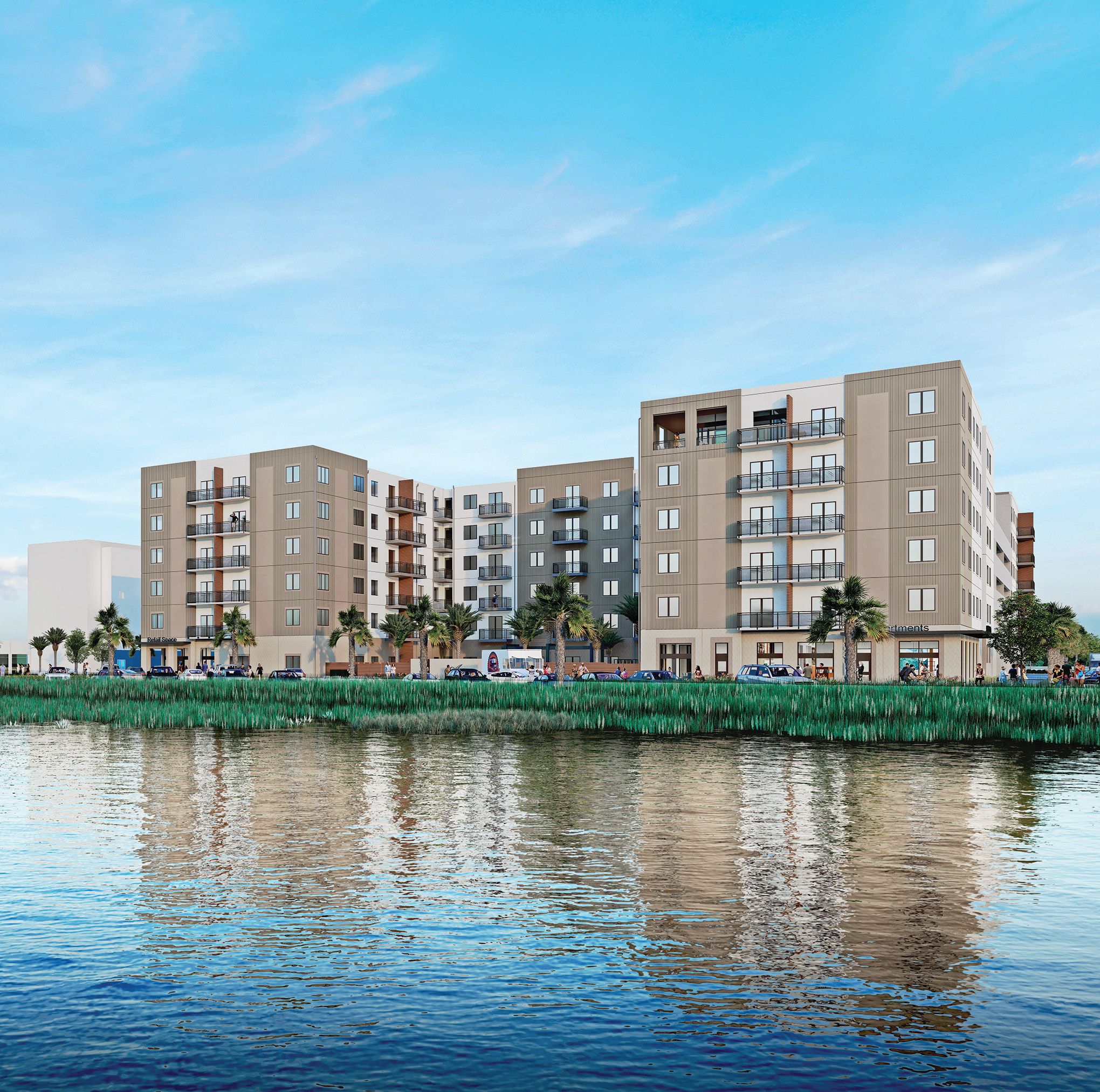 Luna Apartment Building and reflection on the water